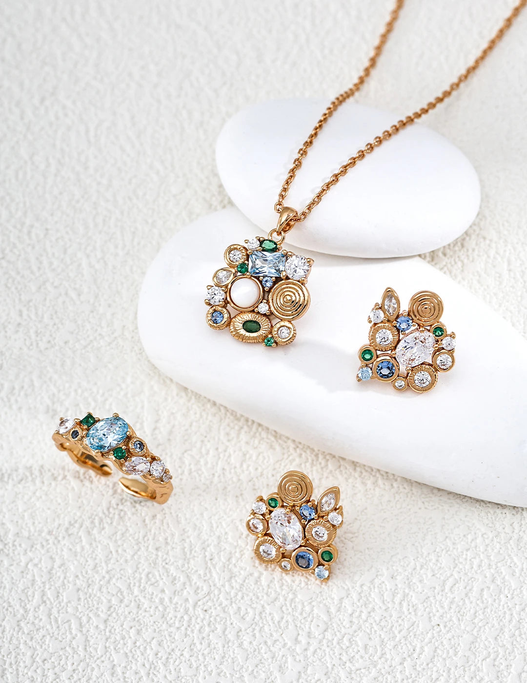 Forest Heartbeat Cluster Pendant Necklace styled alongside the matching ring and earrings