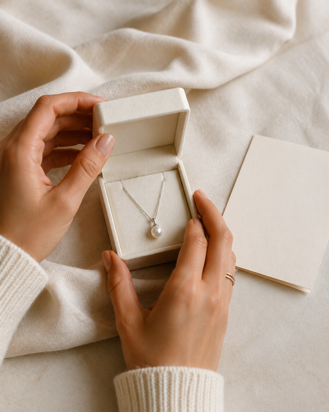 Opening a jewelry gift box with a pearl necklace