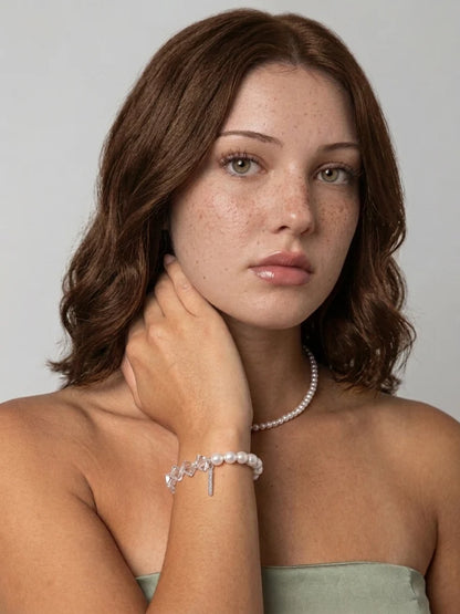 Alternate model view of the freshwater pearl and clear quartz bracelet