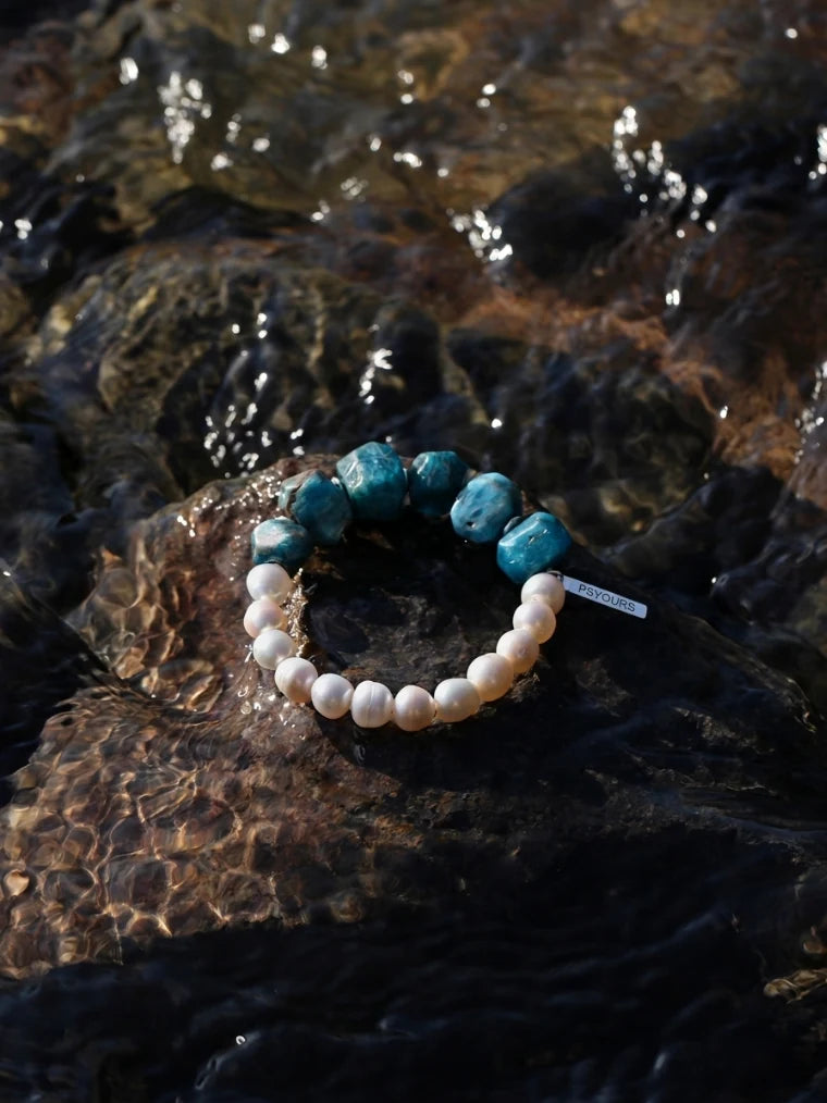 Natural blue apatite and pearl beaded bracelet alternate view