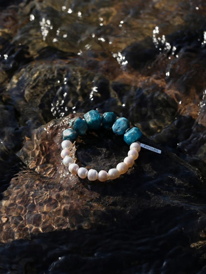Natural blue apatite and pearl beaded bracelet alternate view
