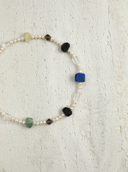 Freshwater pearl necklace with multicolor faceted natural gemstone beads