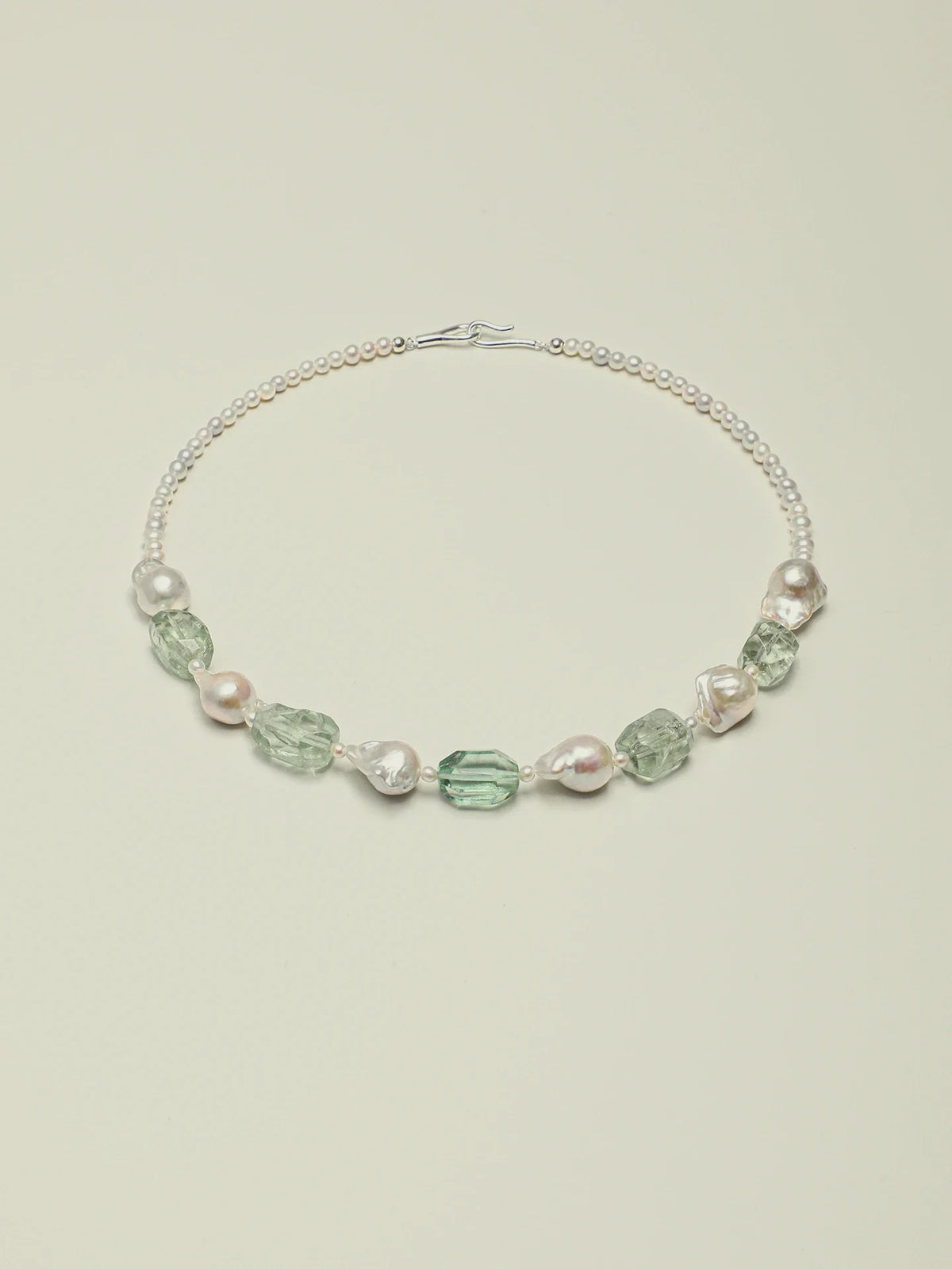 Forest Dew baroque pearl and green quartz necklace in 925 sterling silver, full view