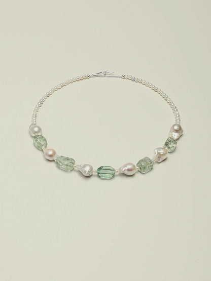 Forest Dew baroque pearl and green quartz necklace in 925 sterling silver, full view