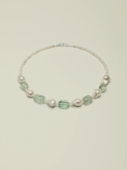 Forest Dew baroque pearl and green quartz necklace in 925 sterling silver, full view