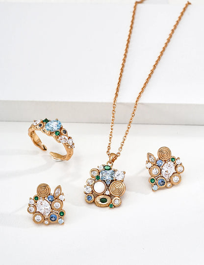 Forest Heartbeat Cluster Stud Earrings shown with the matching ring and necklace