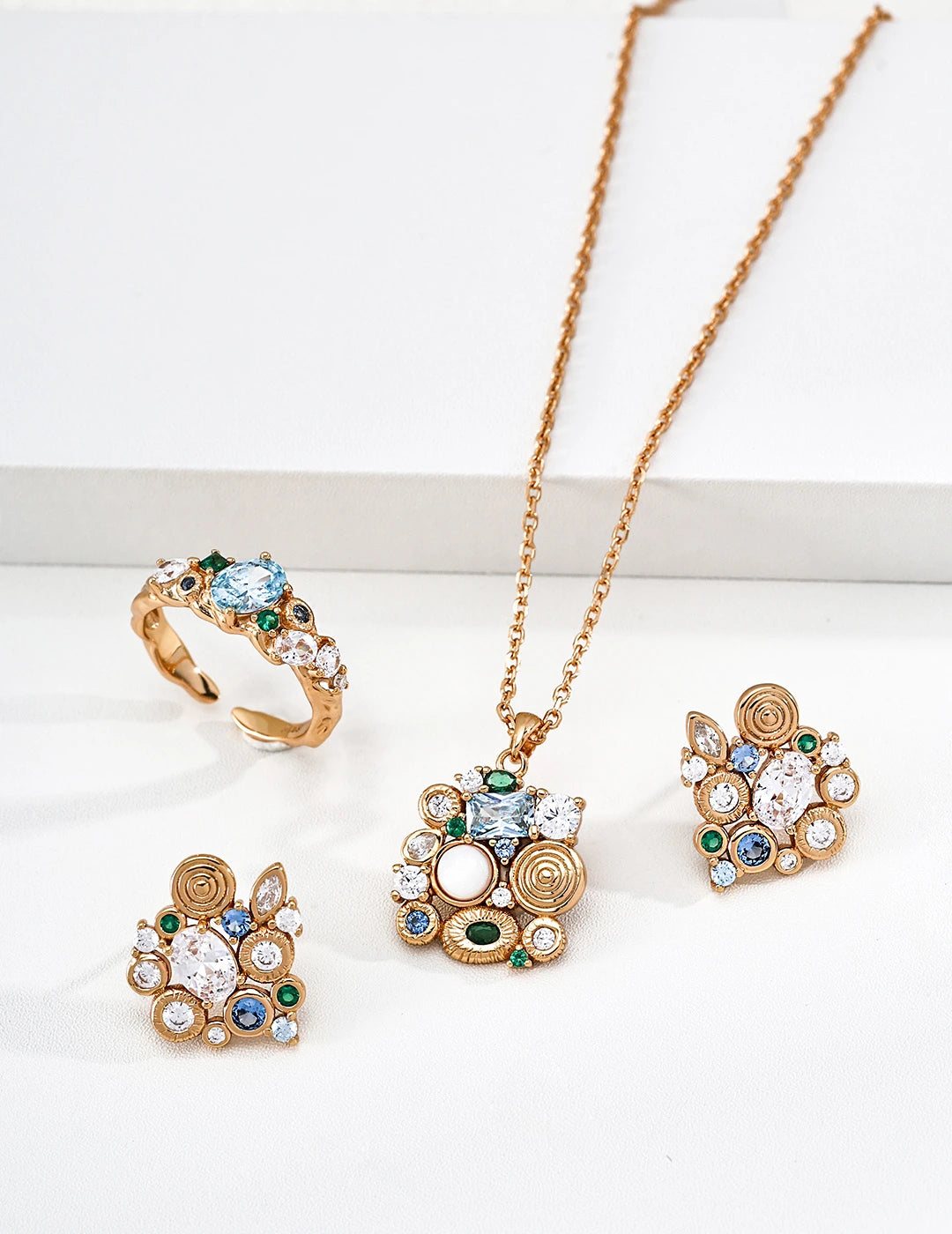 Forest Heartbeat Open Ring shown with matching necklace and earrings