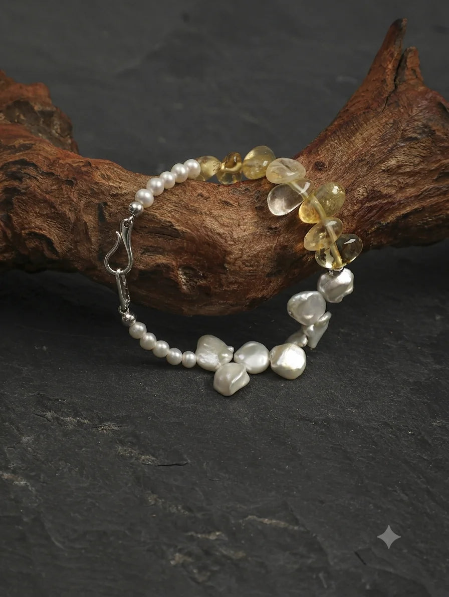 Close-up of the petal pearls and natural citrine drops