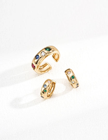 Jewel Garden Open Ring shown with matching gold hoop earrings