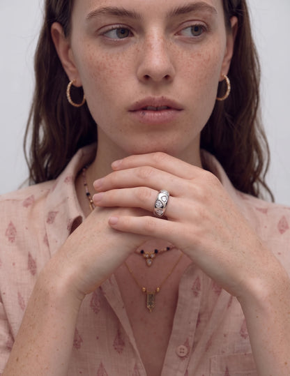 Model wearing the Jewel Garden Open Ring in silver