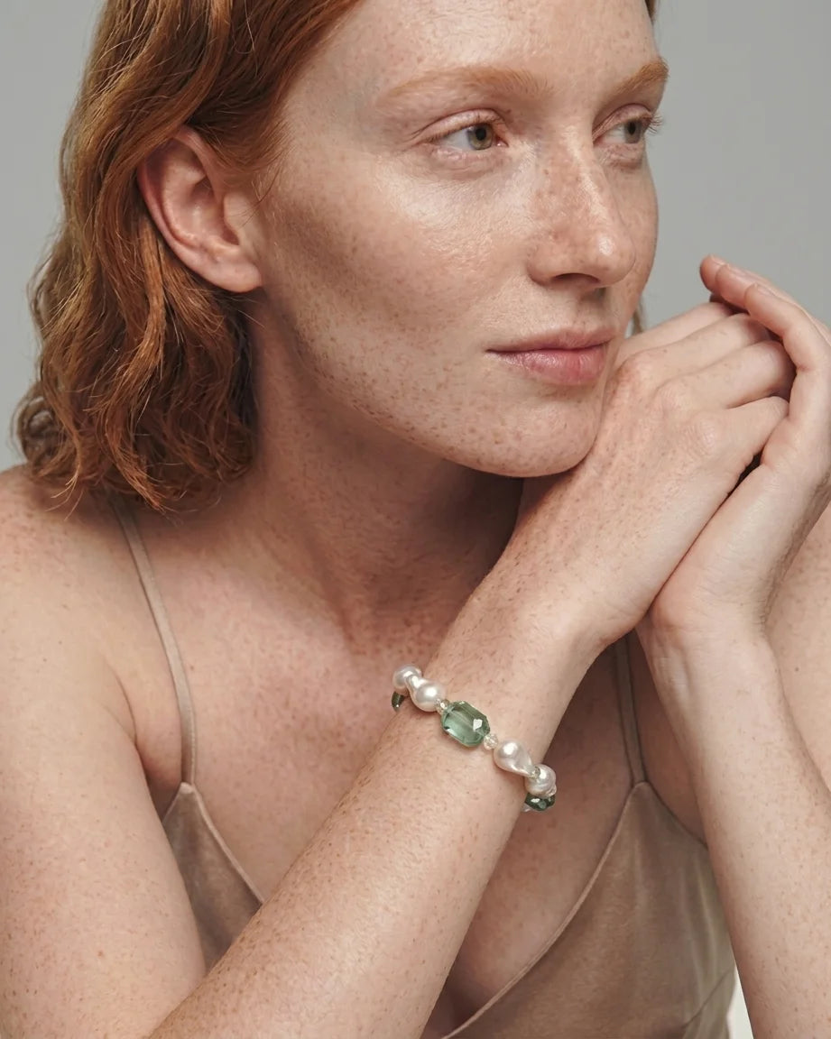 Model wearing the Psyours Misty Green bracelet on her wrist