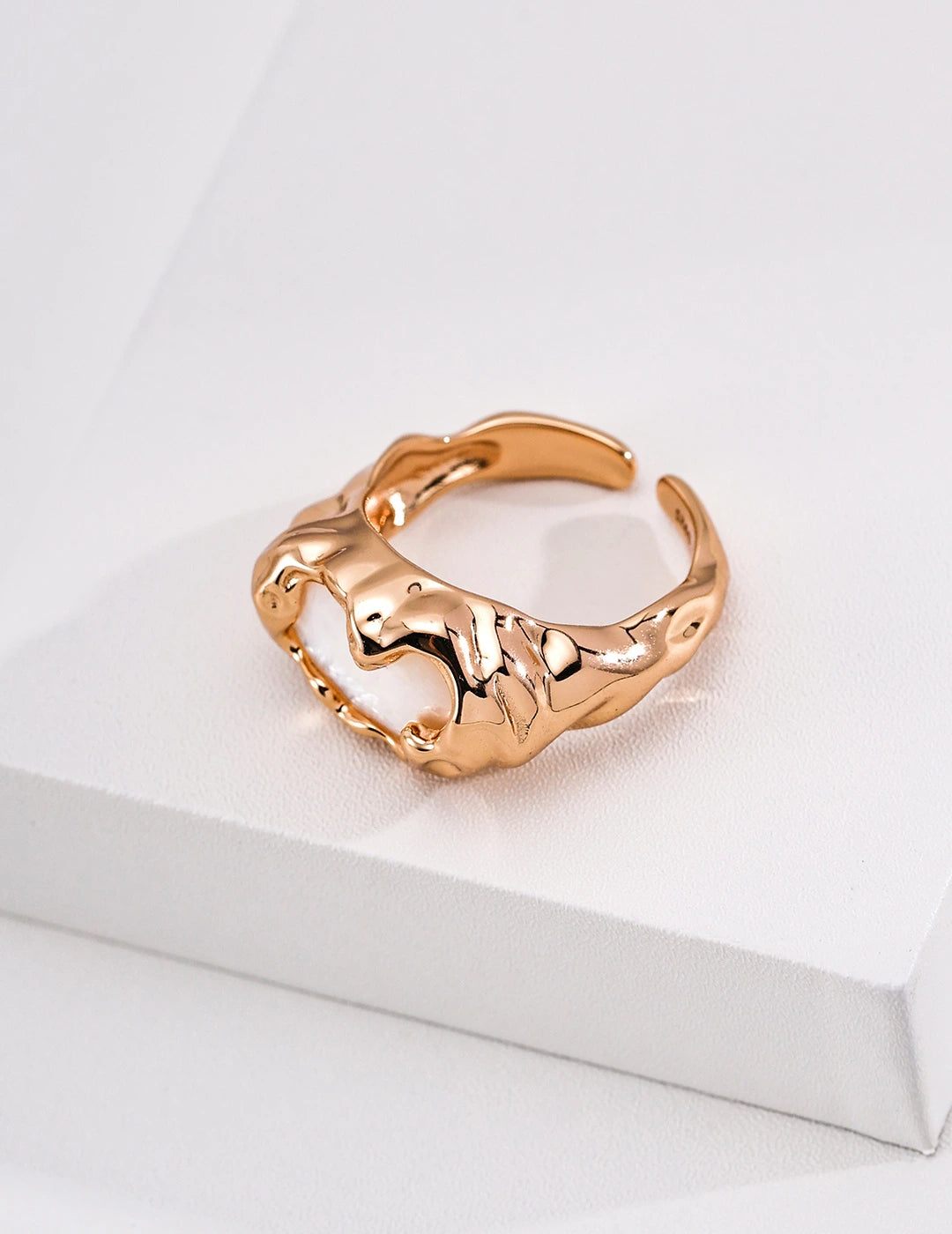 Molten Mother-of-Pearl Open Ring detail view showing the freeform texture