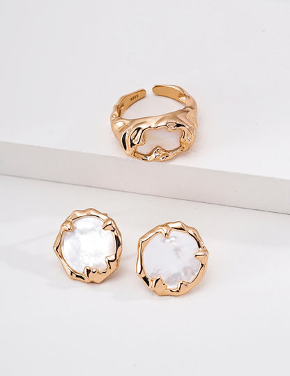 Molten Mother-of-Pearl Open Ring styled with matching mother-of-pearl drop earrings