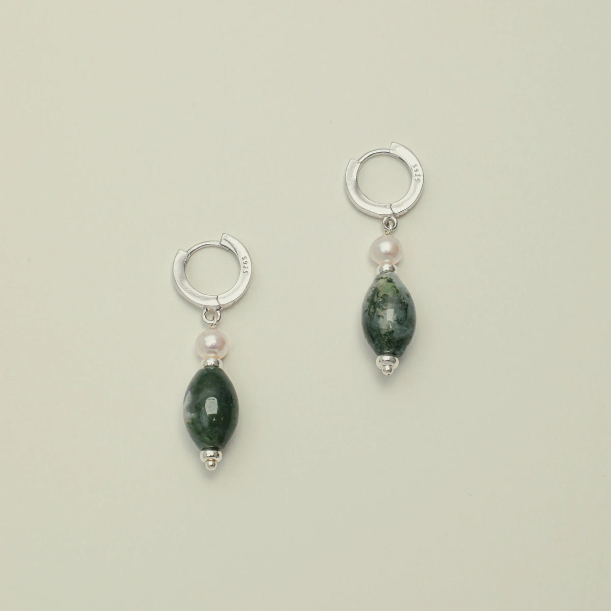 Moss agate and pearl huggie drop earrings in 925 sterling silver