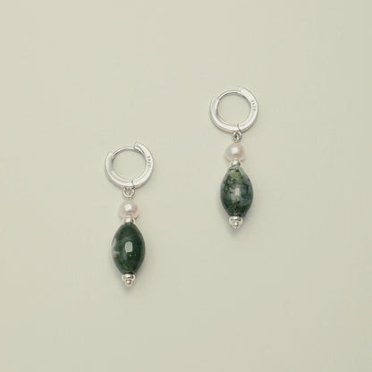 Moss agate and pearl huggie drop earrings in 925 sterling silver