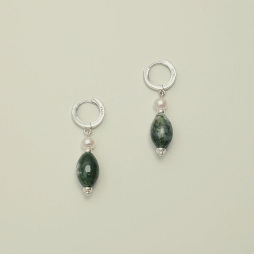 Moss agate and pearl huggie drop earrings in 925 sterling silver