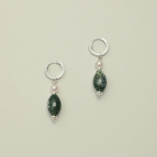 Moss agate and pearl huggie drop earrings in 925 sterling silver