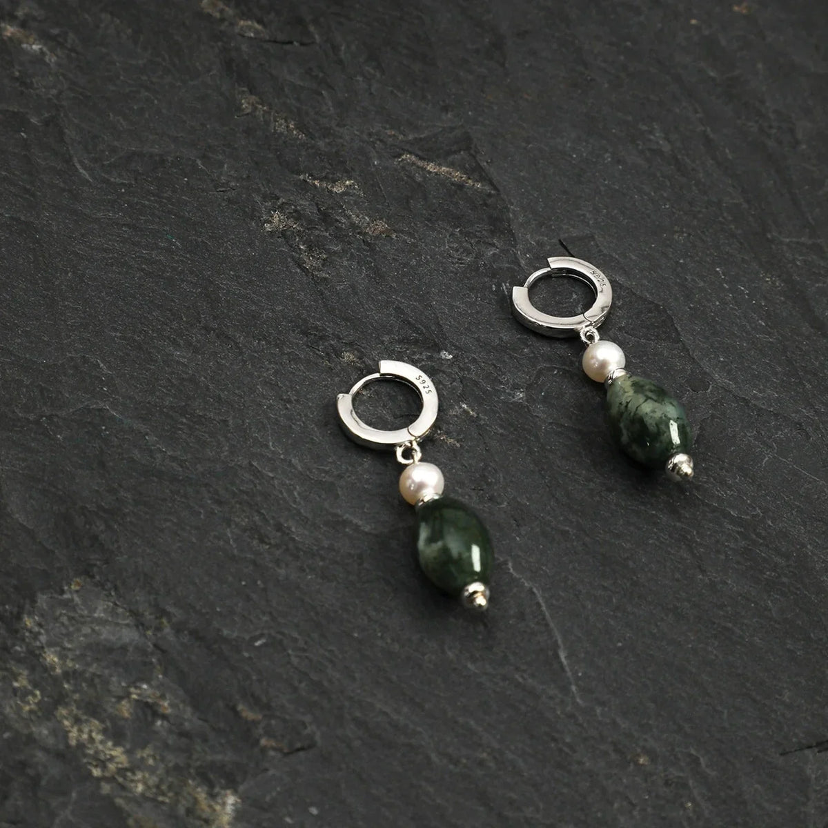 Green moss agate and freshwater pearl earrings with S925 huggie hoops on slate
