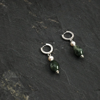Green moss agate and freshwater pearl earrings with S925 huggie hoops on slate