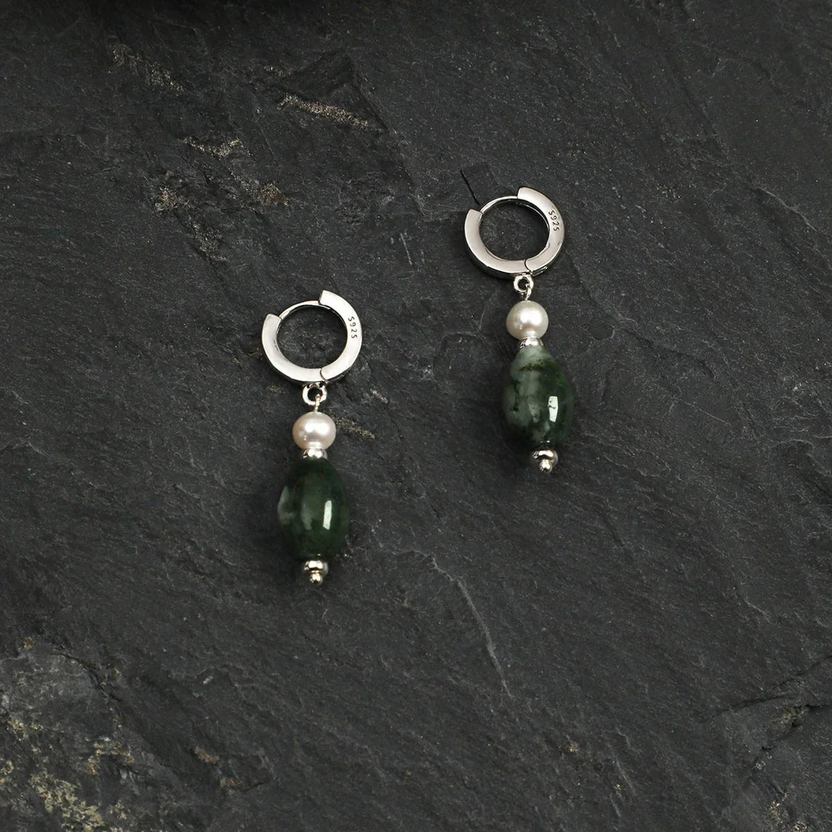 Moss agate drop earrings detail showing natural green inclusions and S925 stamp