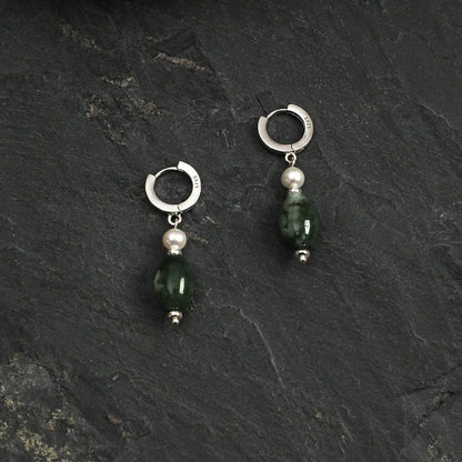 Moss agate drop earrings detail showing natural green inclusions and S925 stamp