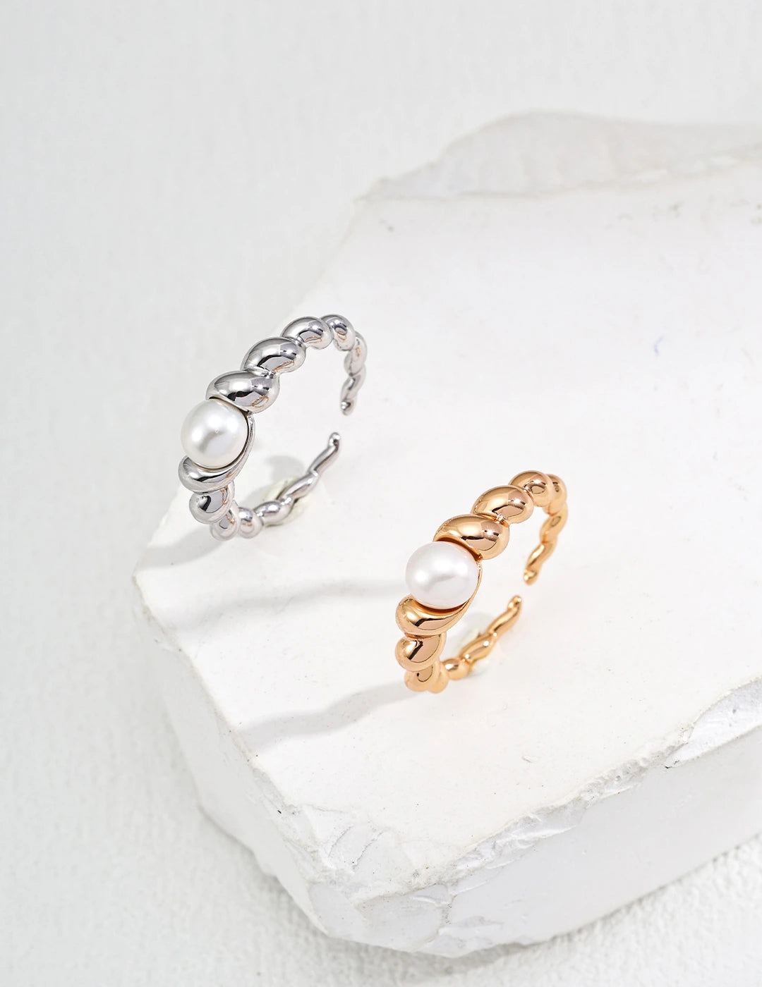 Drift Pearl Beaded Open Ring in gold and silver shown together