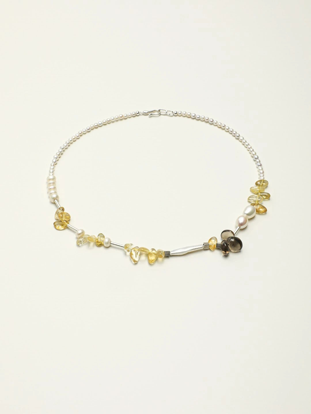 Golden Sunlight pearl, citrine and smoky quartz necklace on an ivory background