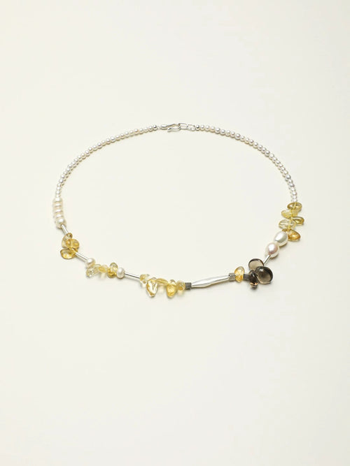 Golden Sunlight pearl, citrine and smoky quartz necklace on an ivory background